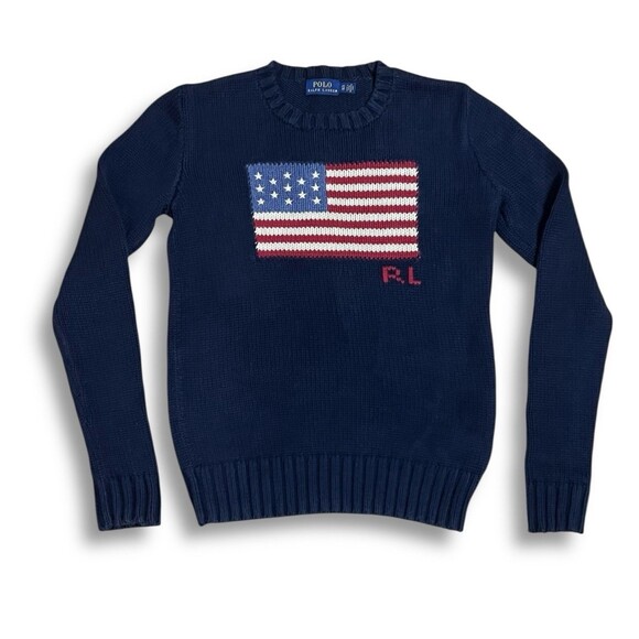 Polo Ralph Lauren Vintage American Flag Sweater USA Knit Crewneck Navy Blue XS - Picture 1 of 9